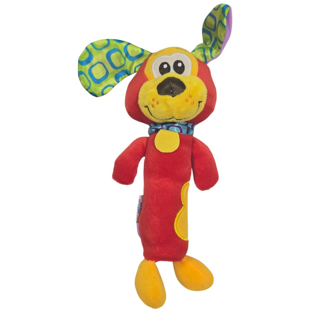 Playgro Red Puppy Dog Plush Rattle Baby Sensory Toy Crinkle Ear Sunshine Chime